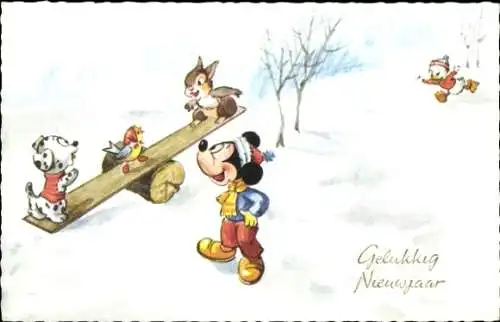 Ak Glückwunsch Neujahr, Mickey Mouse, Disney, Wippen
