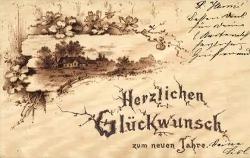 Litho Glückwunsch Neujahr, Blumen, Häuser