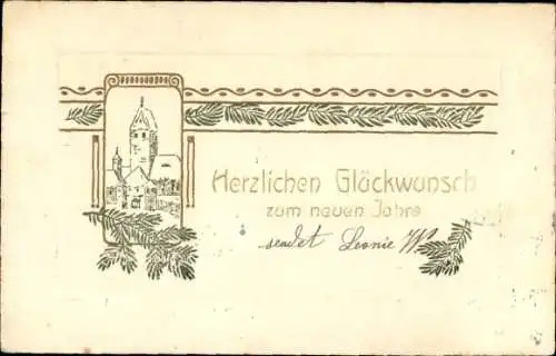 Präge Ak Glückwunsch Neujahr, Kirche, Tannenzweige