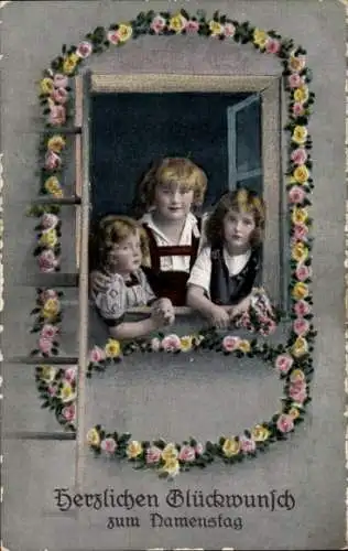 Ak Glückwunsch Namenstag, Kinder am Fenster, Blumen