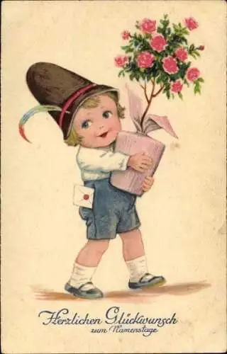Ak Glückwunsch Namenstag, Kind, Gratulant, Blumen