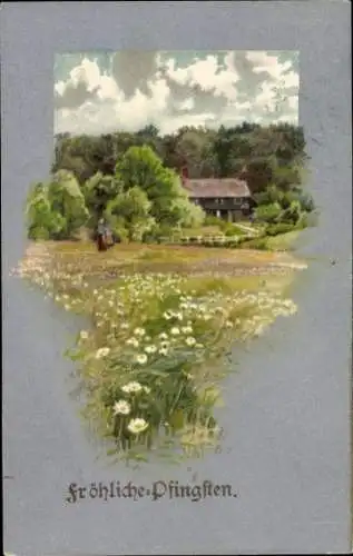 Ak Glückwunsch Pfingsten, Blumenwiese, Haus