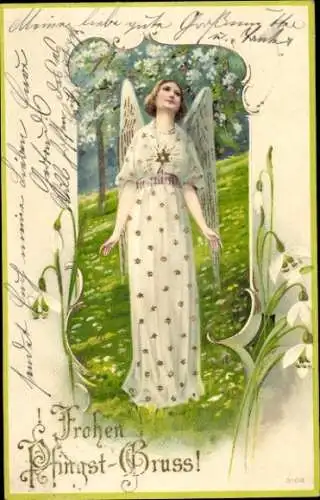 Litho Glückwunsch Pfingsten, Engel, Schneeglocken