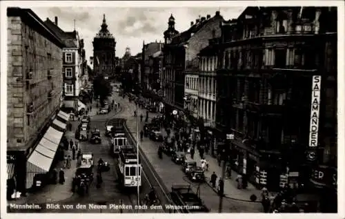 Ak Mannheim in Baden, Blick von den Neuen Planken, Wasserturm, Straßenbahnen
