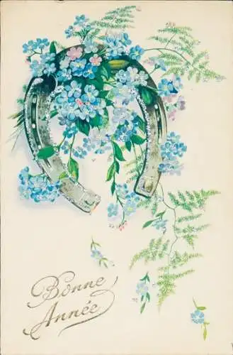 Glitzer Ak Glückwunsch Neujahr, Hufeisen, Vergissmeinnicht