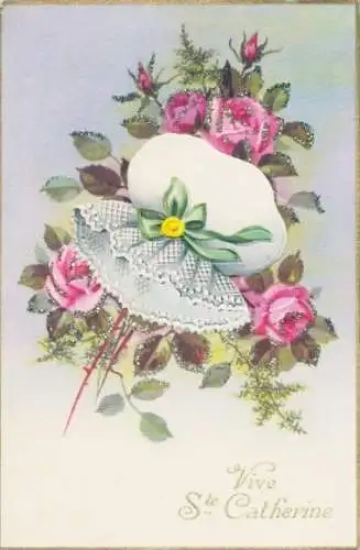 Glitzer Ak Sankt Katharina, Hut, Rosen, Kitsch