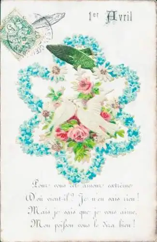 Ak Glückwunsch 1. April, Tauben, Vergissmeinnicht, Fisch