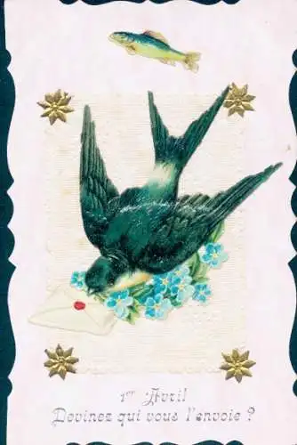 Stoff Ak Glückwunsch 1. April, Schwalbe, Fisch, Vergissmeinnicht