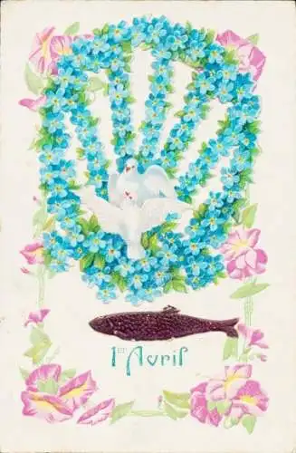 Präge Ak Glückwunsch 1. April, Vergissmeinnicht, Tauben, Fisch