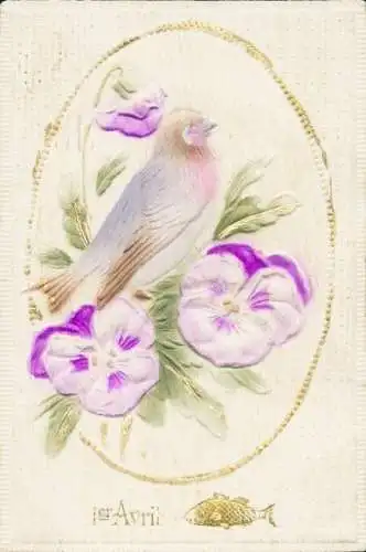 Relief Ak Glückwunsch 1. April, Vogel, Stiefmütterchen, Fisch