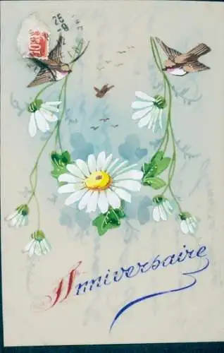 Zelluloid Ak Kitsch, Blumen, Spatzen, Margeriten