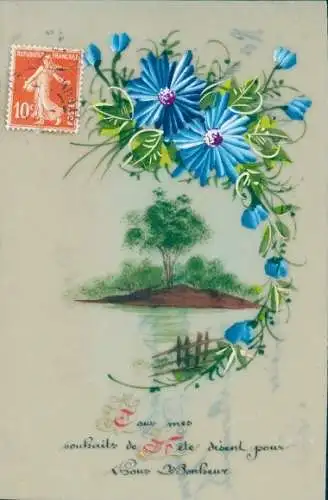 Zelluloid Ak Kitsch, Blaue Blumen, Zaun, Fluss