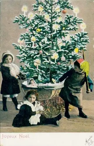 Ak Glückwunsch Weihnachten, Tannenbaum, Kinderwagen, Kinder