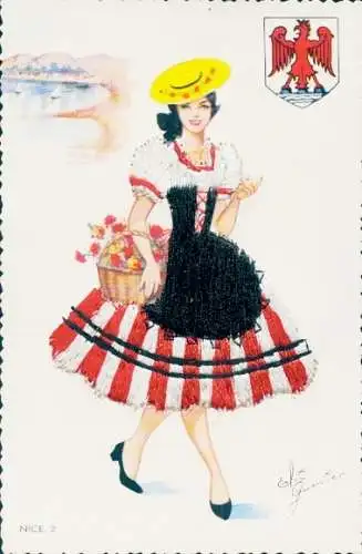 Seidenstick Künstler Ak Nice Nizza Alpes Maritimes, Frau in französischer Tracht, Wappen