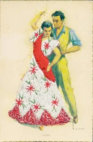 Seidenstick Künstler Ak Tanzpaar, Flamenco, Spanische Tracht