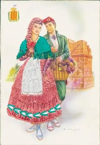Seidenstick Ak Liebespaar in spanischer Tracht, Weintrauben, Wappen