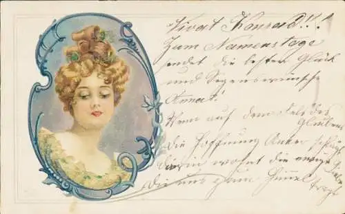 Glitzer Litho Porträt einer jungen Frau, Kopfschmuck, Braune Haare