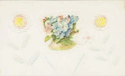 Ak Kitsch, Blumenkorb, Vergissmeinnicht