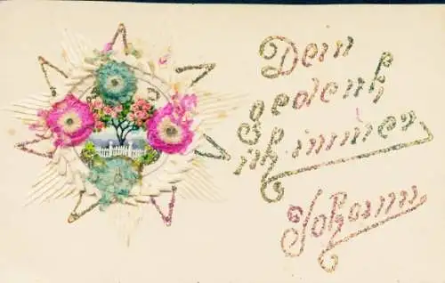 Stoff Glitzer Ak Kitsch, Rosen, Blumen, Stern