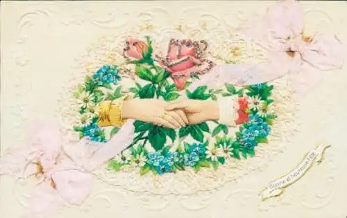Stoff Ak Glückwunsch, Händedruck, Blumen, Rosen, Vergissmeinnicht, Stoffschleifen