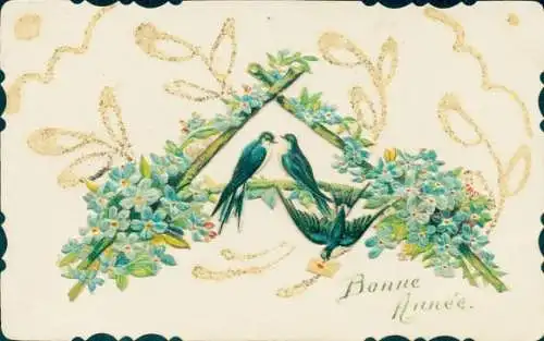 Glitzer Ak Glückwunsch Neujahr, Vergissmeinnicht, Schwalben