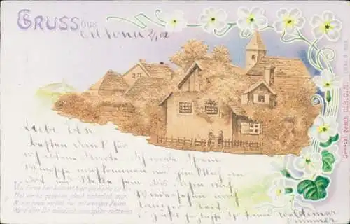 Glitzer Litho Wohnhaus, Blumen, Kitsch