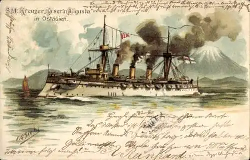 Künstler Litho Siehl, Deutsches Kriegsschiff, SMS Kaiserin Augusta, Kreuzer in Ostasien