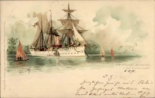 Künstler Litho Bohrdt, Hans, Deutsches Kriegsschiff, SMS Bussard, Kreuzer, Südseeinseln