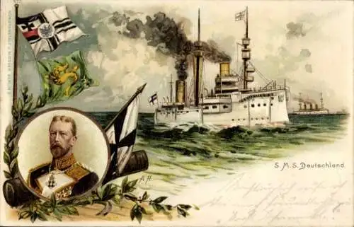 Künstler Litho Deutsches Kriegsschiff, SMS Deutschland, Großadmiral Prinz Heinrich von Preußen
