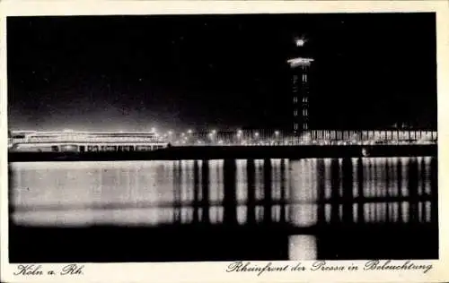 Ak Köln, Rheinfront der Pressa, Nachtbeleuchtung