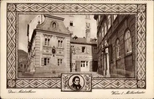 Ak Wien 1., Komponist Franz Schubert, Dreimäderlhaus, Geschäft L. Kudas