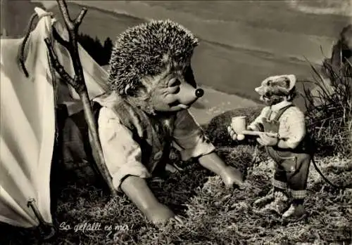 Ak Mecki der Igel, So gefällt es mir, Zelt, Maus bringt Pfeife