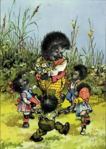 Ak Vermenschlichte Igel, Igelkinder tanzen Reigen