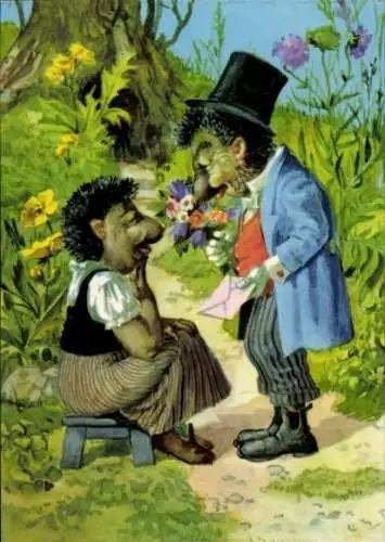 Künstler Ak Vermenschlichte Igel, Igelmann mit Zylinder, Brief und Blumenstrauß