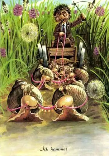 Ak Vermenschlichter Igel, Kutsche, Schnecken