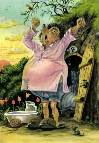 Künstler Ak Vermenschlichter Igel, Igelmann beim Aufstehen