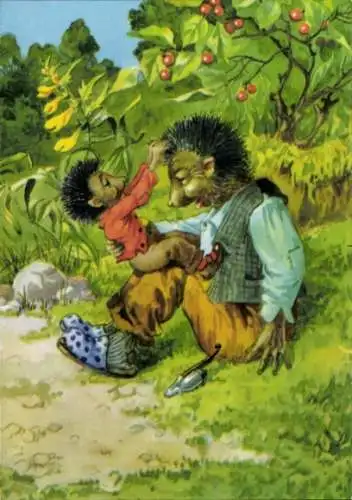 Ak Vermenschlichte Igel, Igelmann mit Pfeife, Igelkind