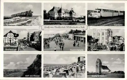 Ak Westerland auf Sylt, Kurpromenade, Hindenburgdamm, Strandstraße, Kliff, Kirche Keitum, Inselbahn