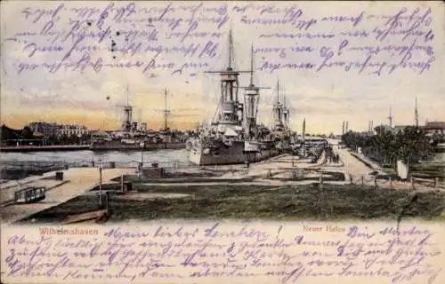 Ak Wilhelmshaven an der Nordsee, neuer Hafen, Kriegsschiffe, Kaiserliche Marine