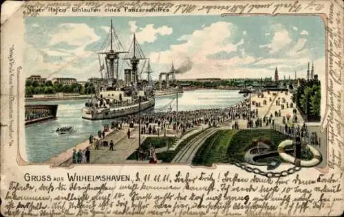 Ak Wilhelmshaven an der Nordsee, neuer Hafen, Einlauf Panzerschiff, Anker, Rettungsring