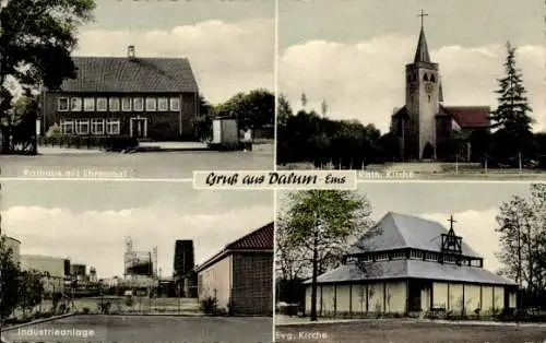 Ak Dalum Geeste im Emsland, Rathaus mit Ehrenmal, kath. Kirche, Industrieanlage, ev. Kirche