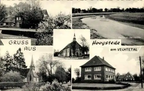 Ak Hoogstede Niedersachsen, Geschäftshaus H. Sloot, Vechte, kath. Kirche, ev. luth. Kirche