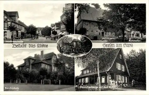 Ak Seesen, Jacobsenstraße, Ratskeller, Burg, Berufsschule, Jugendherberge auf dem Bulk