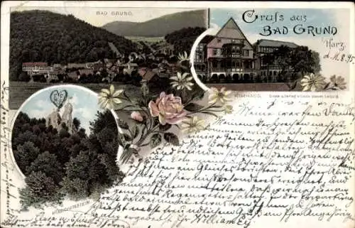 Litho Bad Grund im Harz, Panorama vom Ort, Kurhaus, Hübichenstein