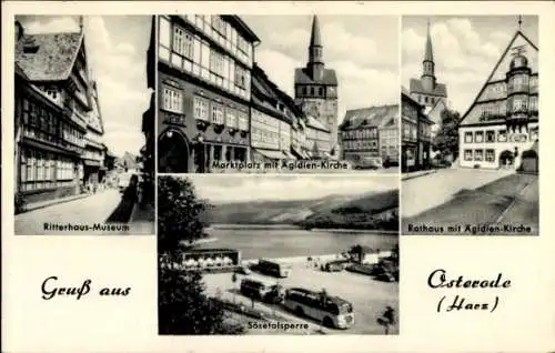 Ak Osterode am Harz, Ritterhaus-Museum, Marktplatz, Ägidien-Kirche, Rathaus, Sösetalsperre