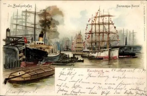 Litho Hamburg, Im Baakenhafen, Hamburger Hafen, Segelschiffe, Dampfboot, Kahn