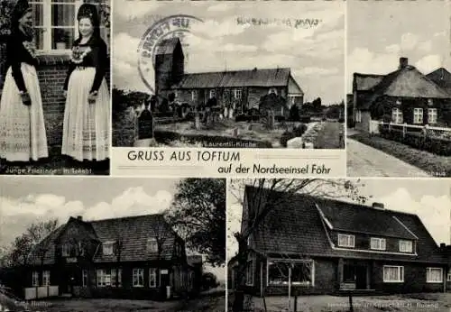 Ak Toftum Insel Föhr, Kirche, Friesenhaus, Cafe, Junge Friesinnen in Tracht, Geschäft H. Roland