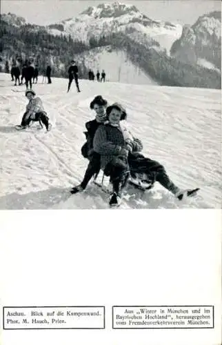 Ak Aschau im Chiemgau Oberbayern, Kampenwand, Winter, Schlittenfahren