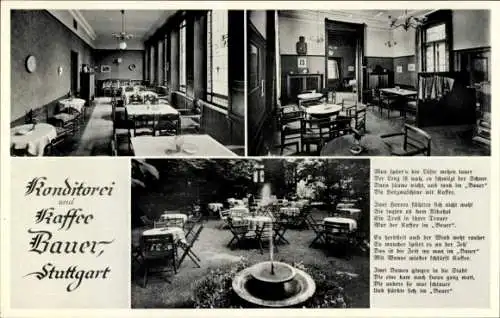 Ak Stuttgart in Württemberg, Konditorei und Kaffee Bauer, Kronenstraße 31, Garten, Gedicht