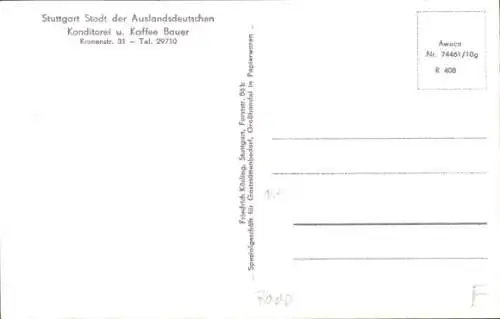 Ak Stuttgart in Württemberg, Konditorei und Kaffee Bauer, Kronenstraße 31, Garten, Gedicht